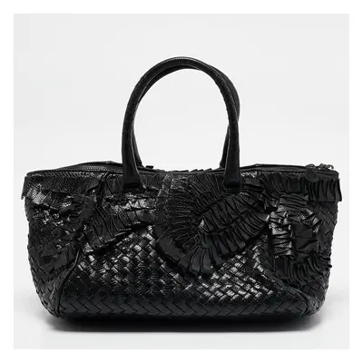 Bottega Veneta Black Intrecciato Lizard Ruffled Satchel