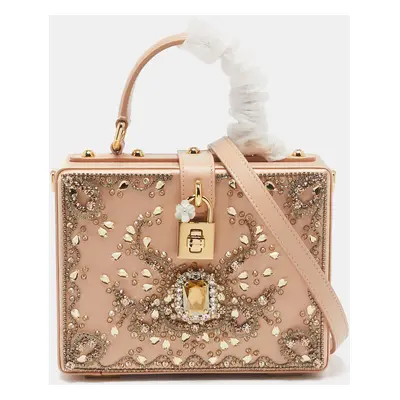 Dolce & Gabbana Beige Satin and Leather Crystal Embellished Rosaria Box Top Handle Bag