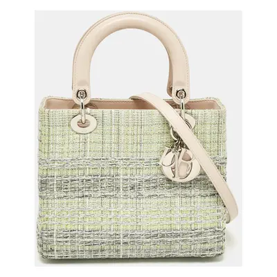 Dior Green/Beige Leather and Tweed Medium Lady Dior Tote