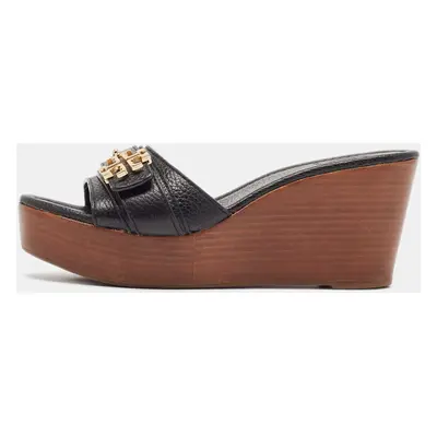 Tory Burch Black Leather Elina Wedge Slide Sandals Size