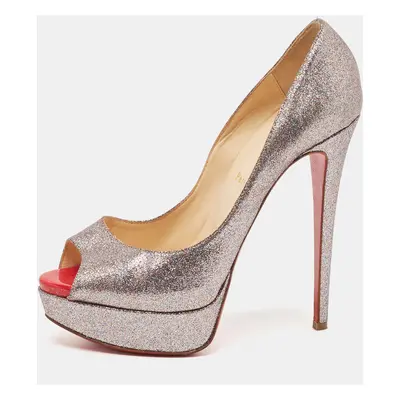 Christian Louboutin Metallic Glitter Lady Peep Toe Platform Pumps Size 38.5