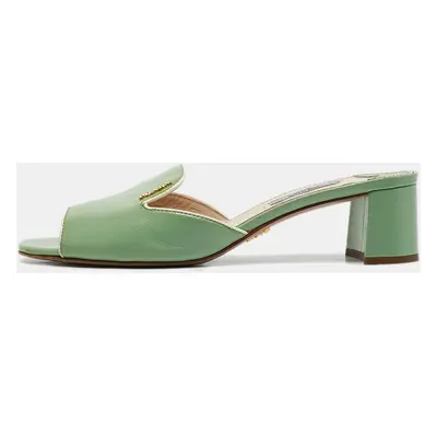 Prada Green Patent Saffiano Leather Block Heel Slide Sandals Size