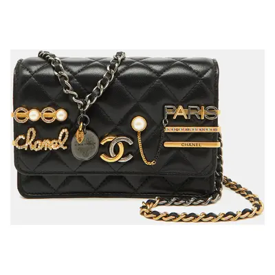 Chanel Black Quilted Leather Coco Clips Mini Wallet On Chain