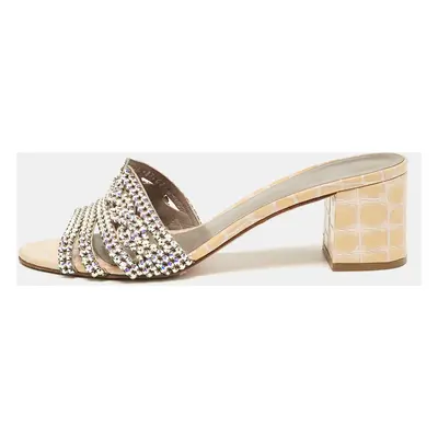 Gina Beige Leather Crystal Embellished Rodeo Slide Sandals Size