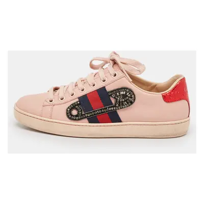 Gucci Pink Leather Crystal Embellished 'Safety Pin' Ace Low Top Sneakers Size