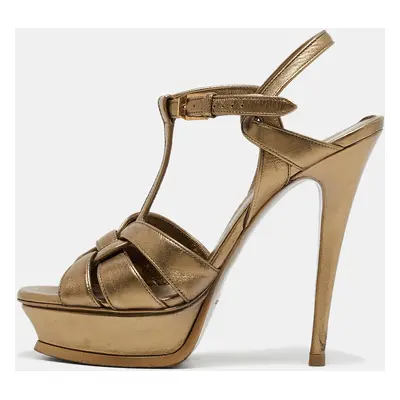 Saint Laurent Gold Leather Tribute Platform Sandals Size