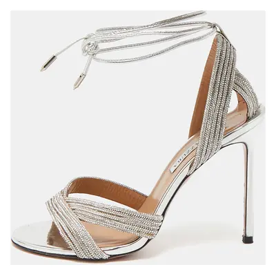 Aquazzura Silver Leather Crystal Embellished Ari Ankle Wrap Sandals Size