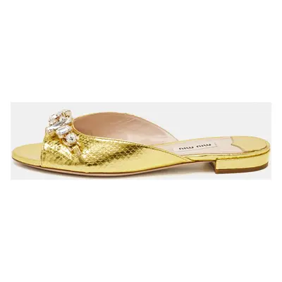 Miu Miu Gold Snakeskin Embossed Leather Bow Flat Sandals Size