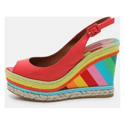 Valentino Red Leather Peep Toe Slingback Rainbow Wedge Sandals Size 38.5