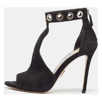 Prada Black Suede Eyelet Detail T-Bar Ankle Strap Sandals Size