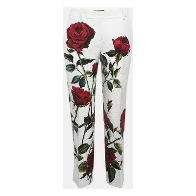 Dolce & Gabbana White/Red Rose Print Jacquard Trousers