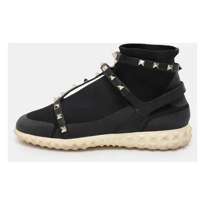 Valentino Black Knit Fabric and Leather Rockstud Bodytech High Top Sneakers Size