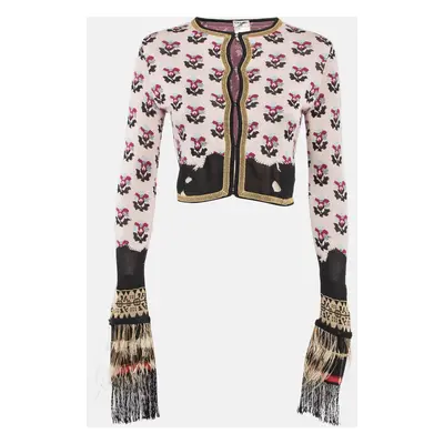 Chanel Pink Floral Pattern Knit Feather Fringe Detail Cropped Cardigan