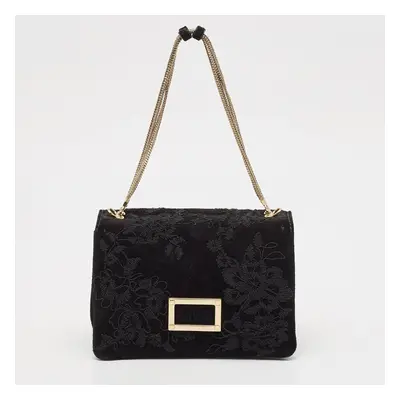 Valentino Black Suede Embroidered Chain Shoulder Bag