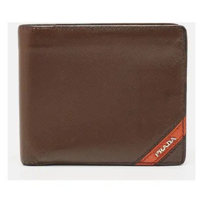 Prada Dark Brown/Orange Saffiano Metal Leather Bi Fold Wallet