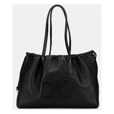 Celine Black Triomphe Calfskin Cuir Cabas Drawstring Tote