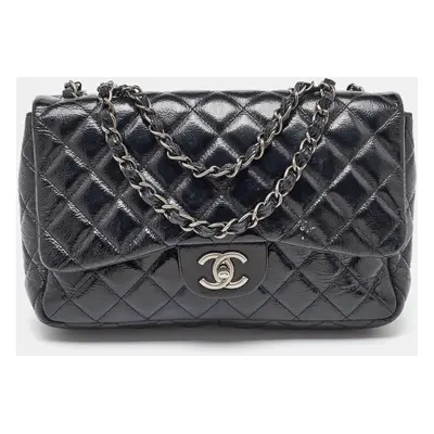 Chanel Black Crinkled Quilted Patent Leather Jumbo Single Flap Bag