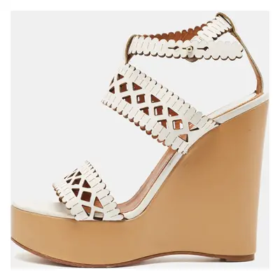 Chloe White Cut Out Leather Platform Wedge Sandals Size