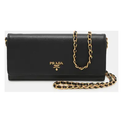 Prada Black Saffiano Lux Leather Oro Chain Wallet On chain