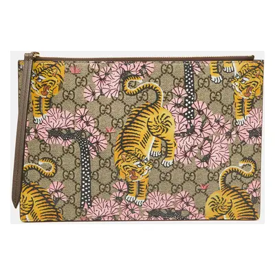 Gucci Beige GG Supreme Coated Canvas and Leather Bengal Tiger Zip Pouch