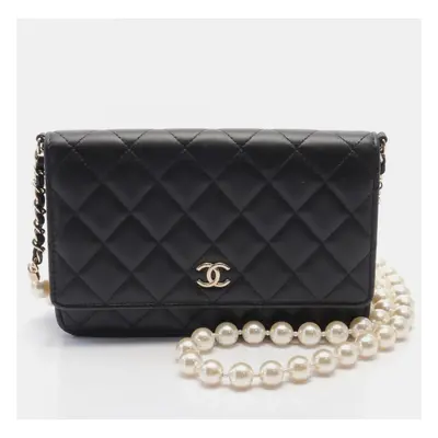 Chanel Black Lambskin Leather Pearl Wallet on Chain