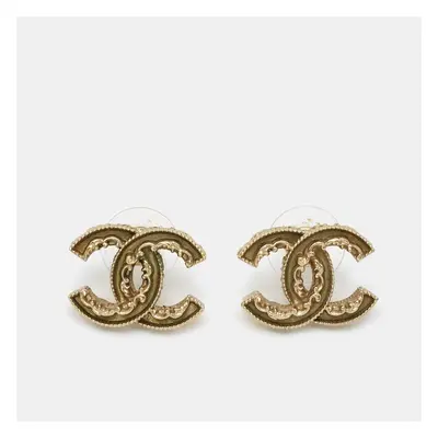 Chanel CC Enamel Gold Tone Earrings