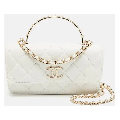 Chanel White Quilted Leather Pearl Embellished Top Handle Phone Holder Bag