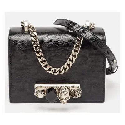 Alexander McQueen Black Lizard Embossed Leather Knuckle Flap Shoulder Bag