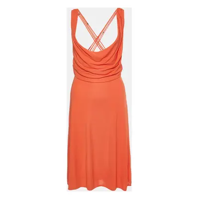 Versace Orange Crepe Lace Up Detail Midi Dress