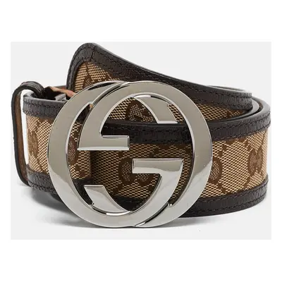 Gucci Beige/Brown GG Canvas and Leather Interlocking G Buckle Belt