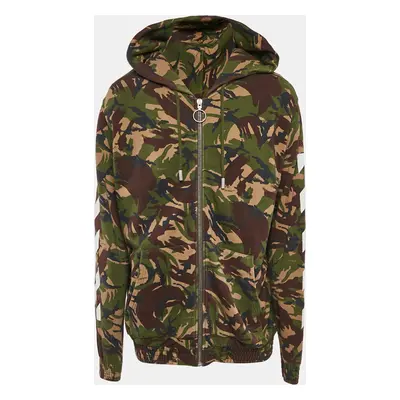 Off-White Green Camouflage Print Cotton Knit Hooded Zip-Up Jacket