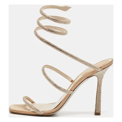 René Caovilla Beige Satin Crystal Embellished Cleo Ankle Strap Sandals Size