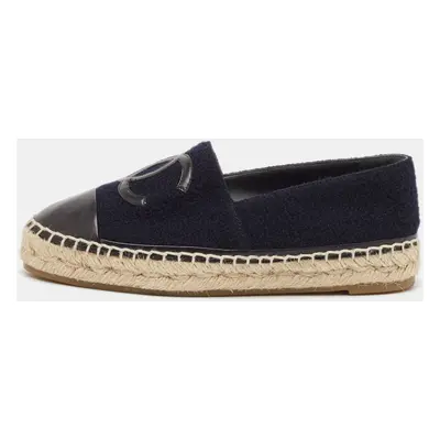 Chanel Navy Blue/Black Leather and Tweed CC Espadrille Flats Size