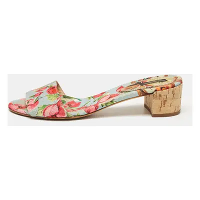 Dolce & Gabbana Multicolor Canvas Cork Heel Slide Sandals Size