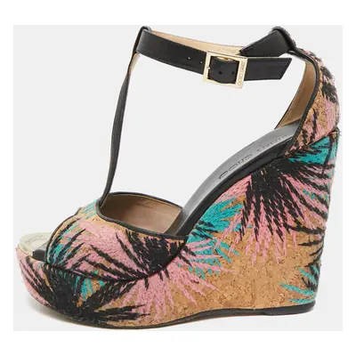 Jimmy Choo Multicolor Embroidered Cork and Leather T-Strap Platform Wedge Sandals Size