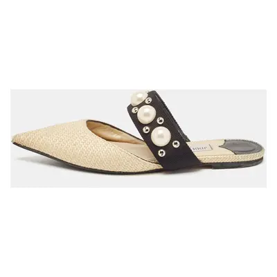 Jimmy Choo Cream/Black Canvas and Raffia Embellished Mules Size 37.5