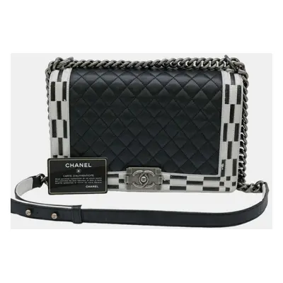 Chanel Black White Seal Lambskin Boy Chanel Chain Shoulder bag