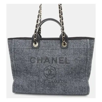 Chanel Black Navy Straw Leather Deauville Tote Bag