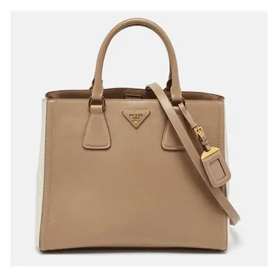 Prada Beige/White Saffiano Lux Leather Open Tote