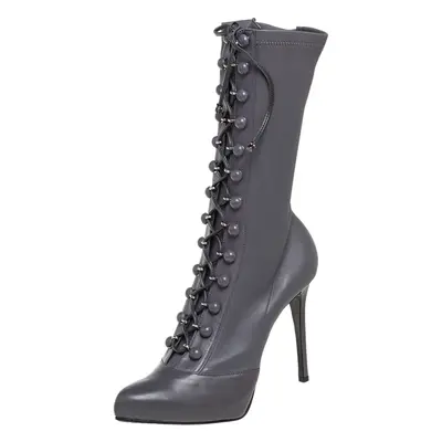 Le Silla Grey Leather Lace Up Mid Calf Boots Size