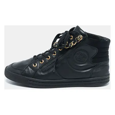 Chanel Black Leather CC Double Zip Accent High Top Sneakers Size