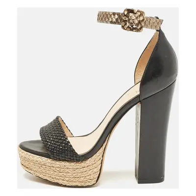 Alexandre Birman Black/Beige Leather and Python Leather Ankle Strap Sandals Size