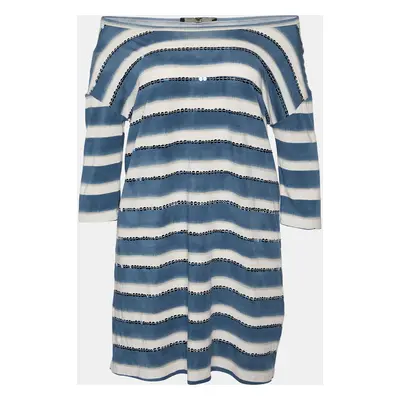 Weekend Max Mara White & Blue Cotton Striped Sequin Embellished Top