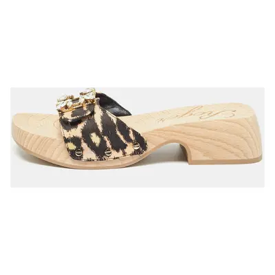 Roger Vivier Black/Brown Canvas Crystal Embellished Clogs Size