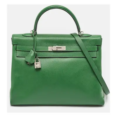 Hermes Vert Bengal Epsom Leather Palladium Finish Kelly Retourne Bag