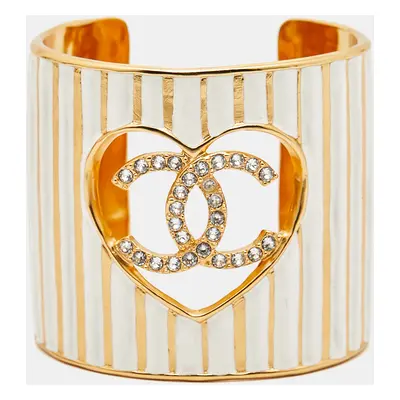 Chanel CC Heart Crystals Enamel Gold Tone Cuff Bracelet