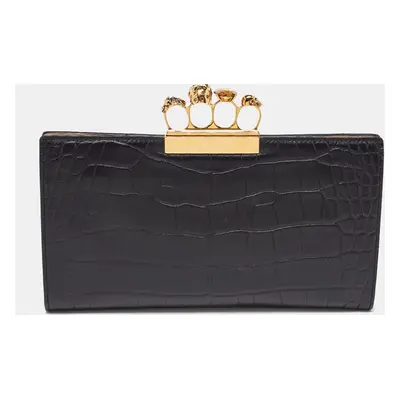 Alexander McQueen Black Croc Embossed Leather Skull Knuckle Clutch