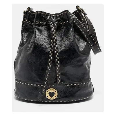 Moschino Black Wild Stitch Patent Leather Drawstring Bucket Bag