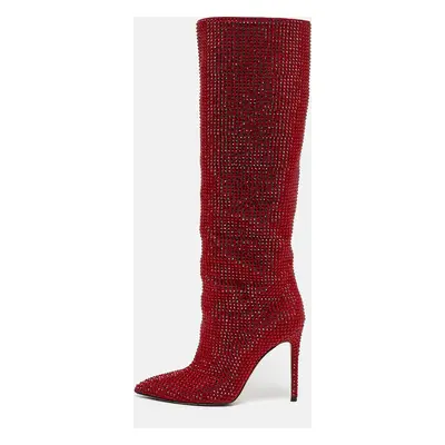 Paris Texas Red Suede Crystal Embellished Holly Stiletto Knee Length Boots Size