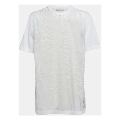 Elie Saab White Embroidered Tulle and Cotton Knit Sheer T-Shirt